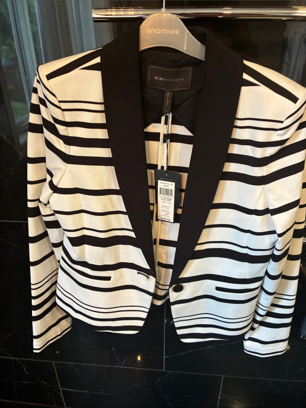 BCBGMAXAZRIA Black & White Striped Shawl Collar Blazer
